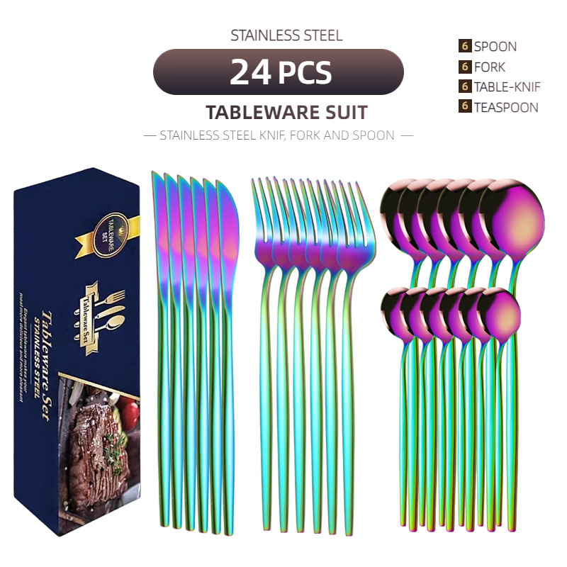 国境を越えたアマゾンポルトガルステンレス食器チタンメッキ金色ギフトボックス品ステーキナイフフォークスプーン24点セット|undefined