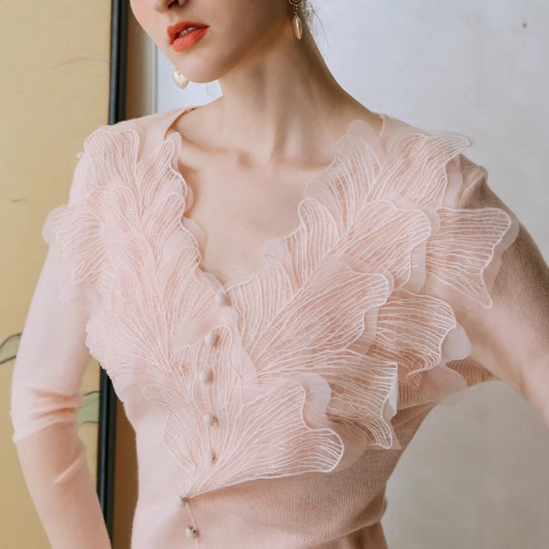 Pink Feathered Merino Wool Knit Sweater for Women, New Autumn and Winter Lace High-End Inner Wear Knit Top