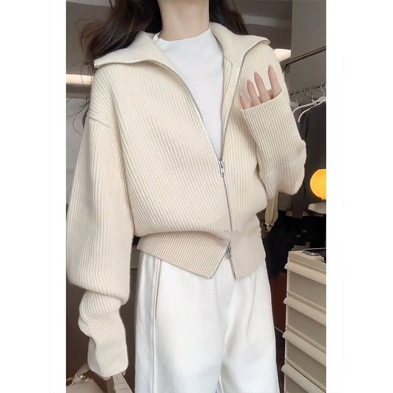 Zipper Lapel Knitted Cardigan Women's Autumn and Winter New Large Size Loose Lazy Style Casual Turtleneck White Sweater Jacket