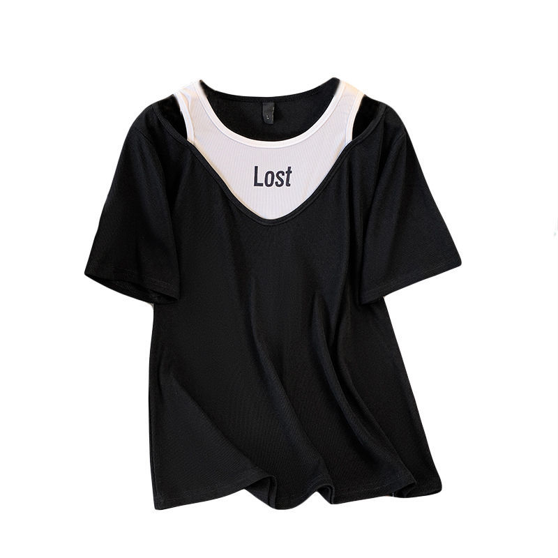 Camiseta hueca de manga corta de dos piezas para mujer de talla grande chica gordita de verano para mujer que adelgaza diseño suelto contraste color carta top image 7