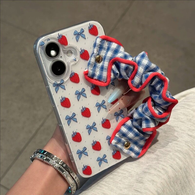 Bow Strawberry Apple 17Promax Mobile Phone Case 16Pro Wrist Strap Girly Sweet Protective Cover 15