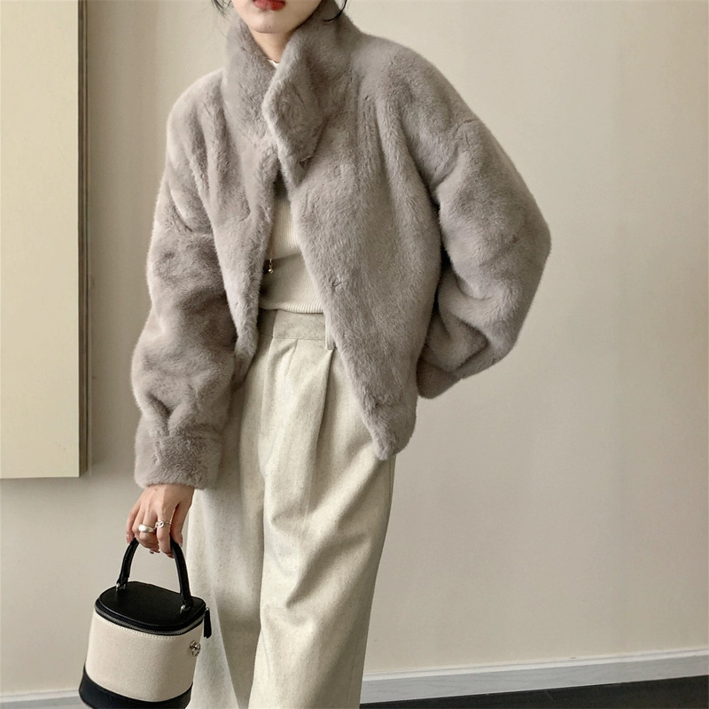 Eco-Friendly Mink Fur Integrated Windproof Stand-Up Collar Faux Mink Coat, Snow Leopard Mink Jacket, Warm Winter Socialite Style