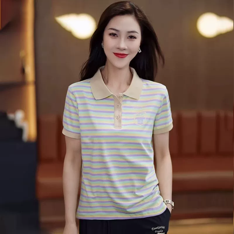 Топ для мам среднего и пожилого возраста с принтом в полоску, рубашка-поло, новый летний повседневный свободный топ с короткими рукавами и лацканами