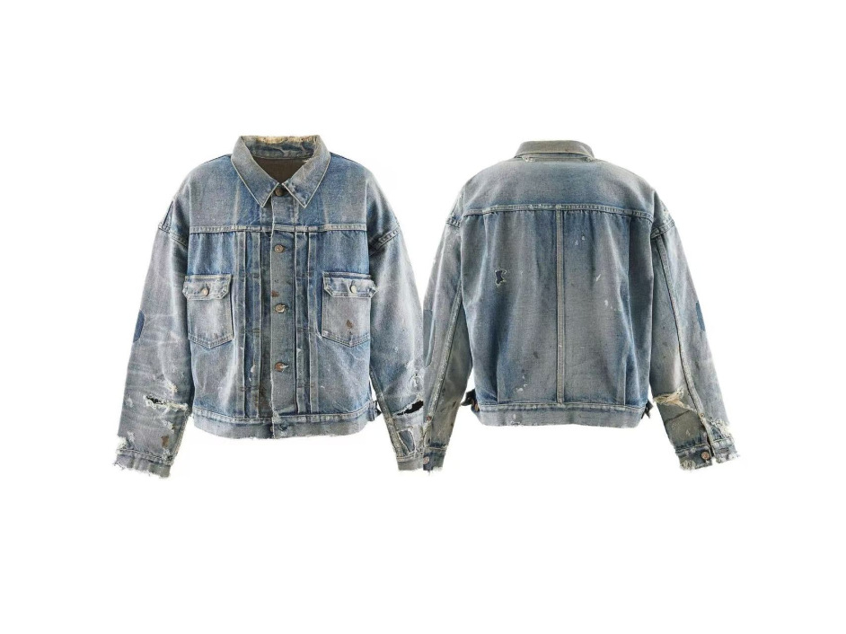 Vintage Denim Jacket With Graffiti Print Distressed High Street_voghion.com