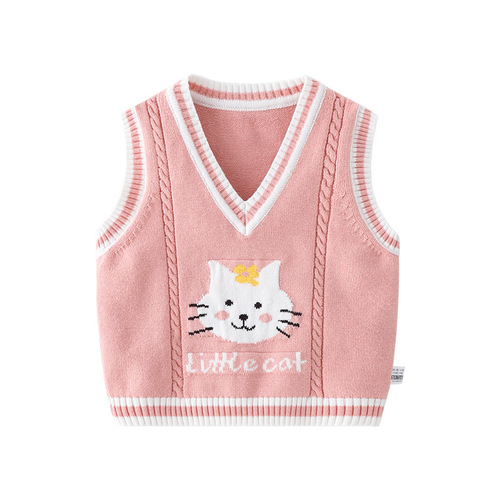 Embroidered cute cat girl baby vest simple A-class knitted girl child vest spring and autumn warm newborn baby vest