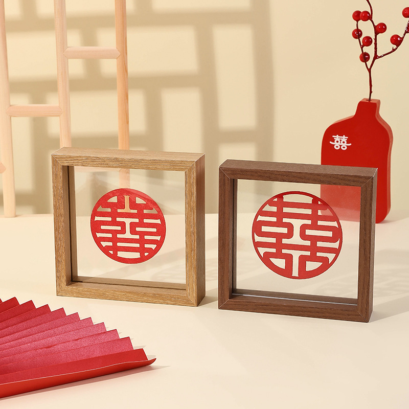 Wooden square photo frame with 'Hundred Blessings' motif, table decoration, paper-cut art for bedroom, creative wedding arrangement, decorative picture frame with 'Happiness' character
