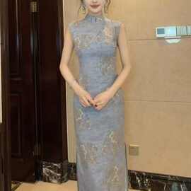 早春惜时花2026年新款新中式春夏新款拉链无袖蓝色麻色印花旗袍群