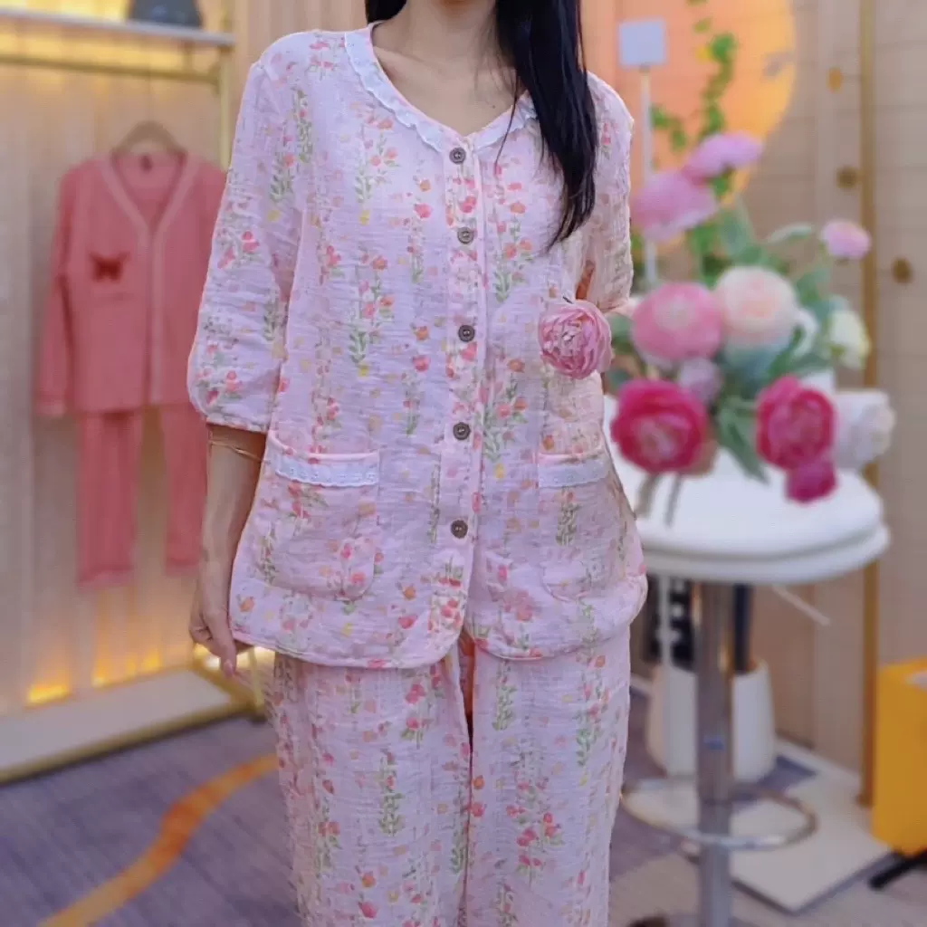 春夏款女士薄款100%棉纱双层中袖七分袖印花家居服套装睡衣