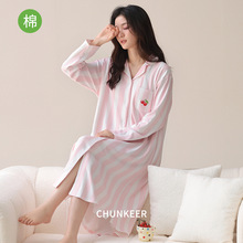 春秋季时尚高档长袖纯棉睡裙开衫T恤裙大码全棉秋冬休闲睡衣长裙