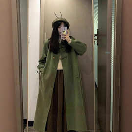 法式复古绿色呢子外套中长款2025秋冬日系小个子搭配显高毛呢大衣