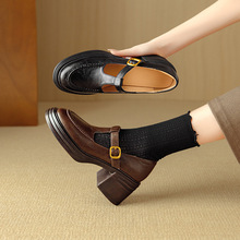 真皮粗跟厚底玛丽珍鞋女2025年新款高跟圆头T型带英伦风百搭单鞋