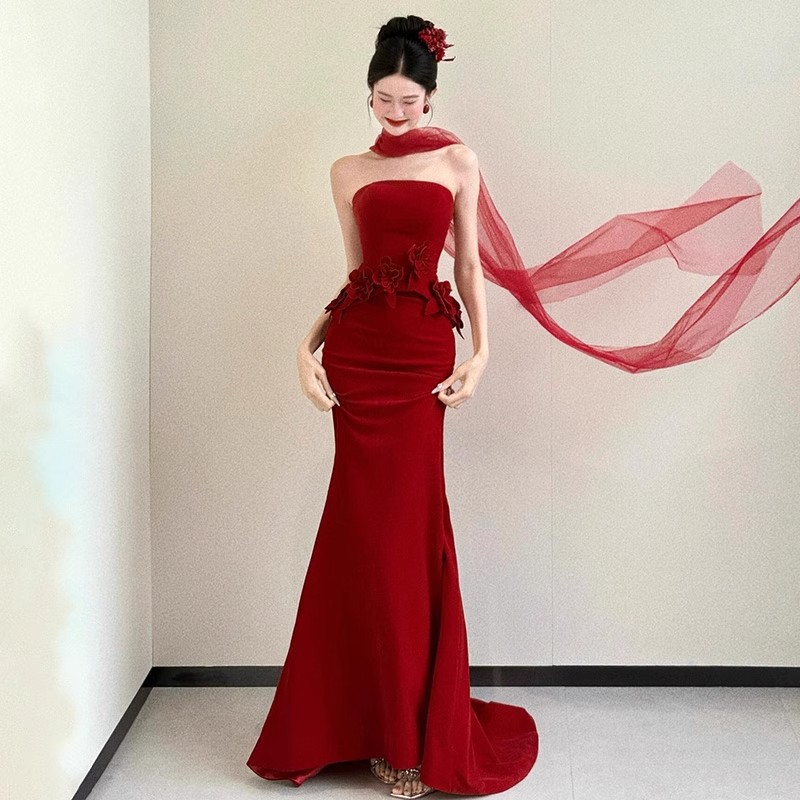 Elegant Burgundy Mermaid Evening Gown, Off-the-Shoulder Bridal Reception Dress For Wedding Banquet & Formal Parties_ecoleips.com