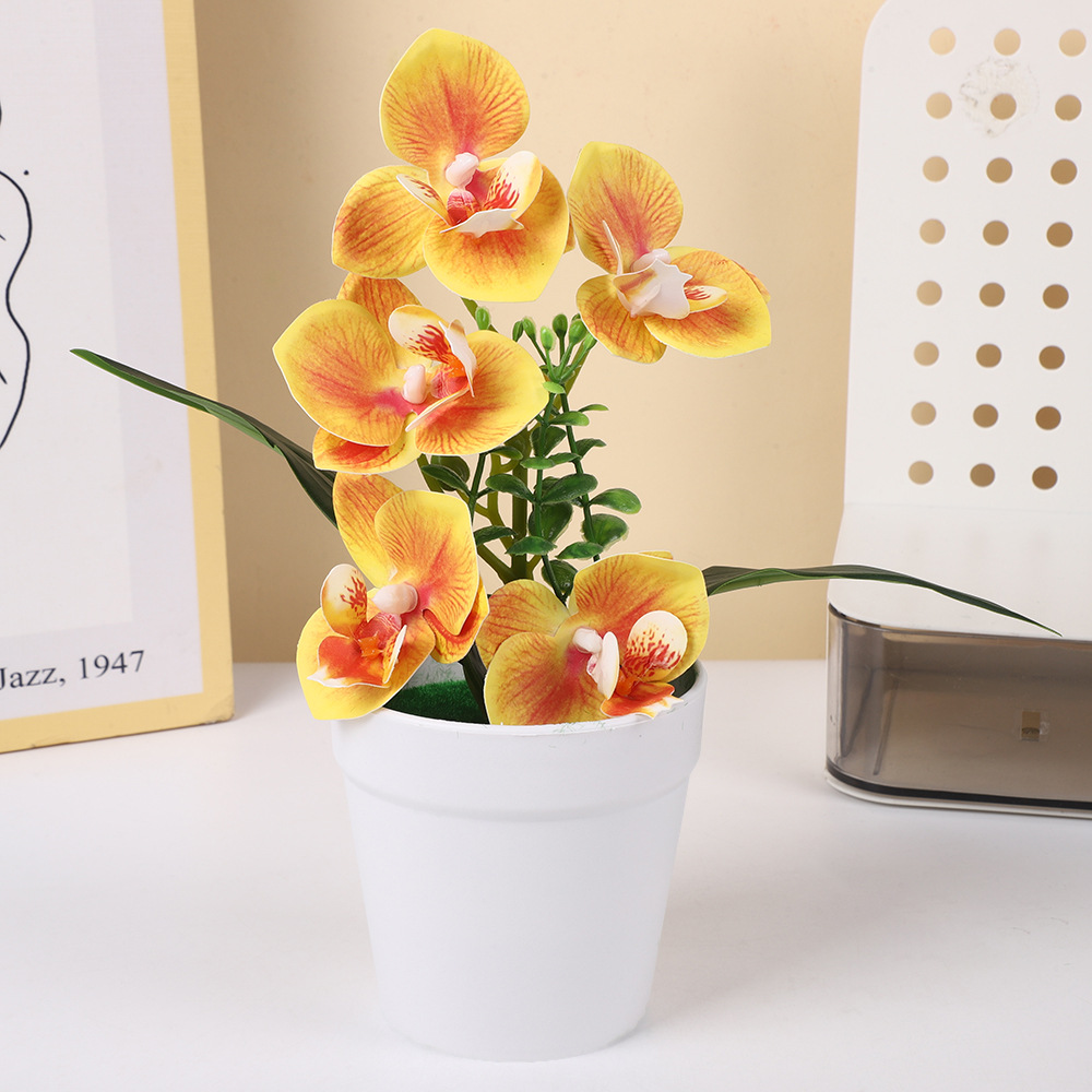 Doble rama 5 flores mariposa orquídea simulación en maceta decoración de oficina pequeña plantación en maceta disparar flores de simulación de bonsai verde