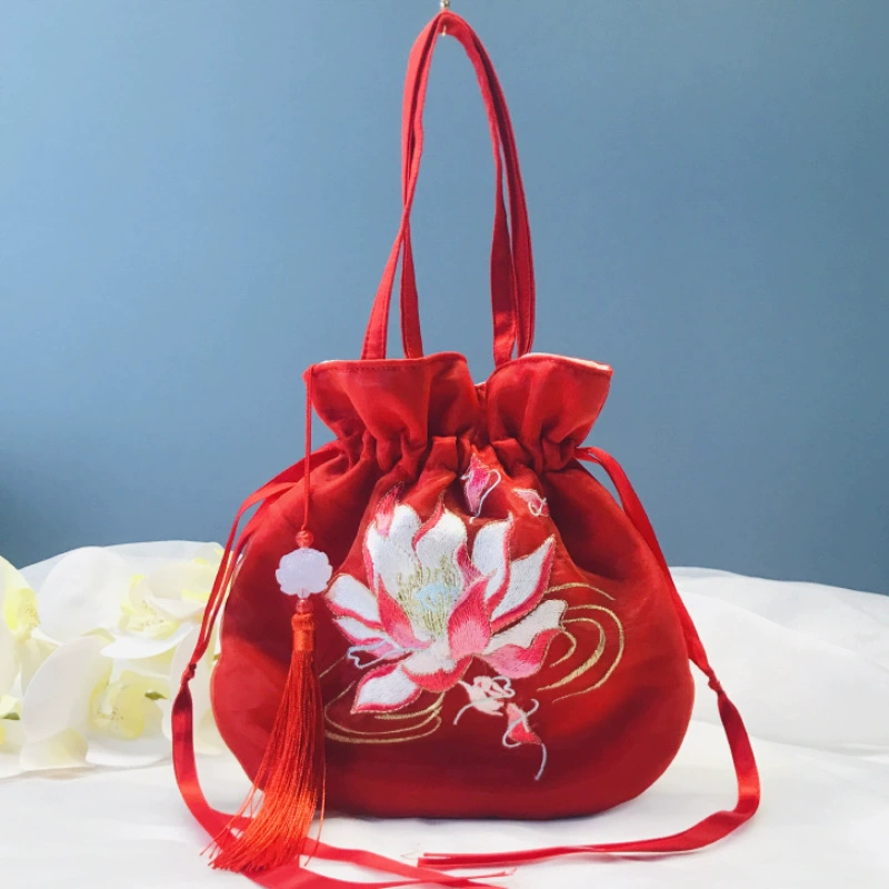 Handheld Hanfu Drawstring Bag, Embroidered Tassels, 22×22 cm, Handmade Accessory