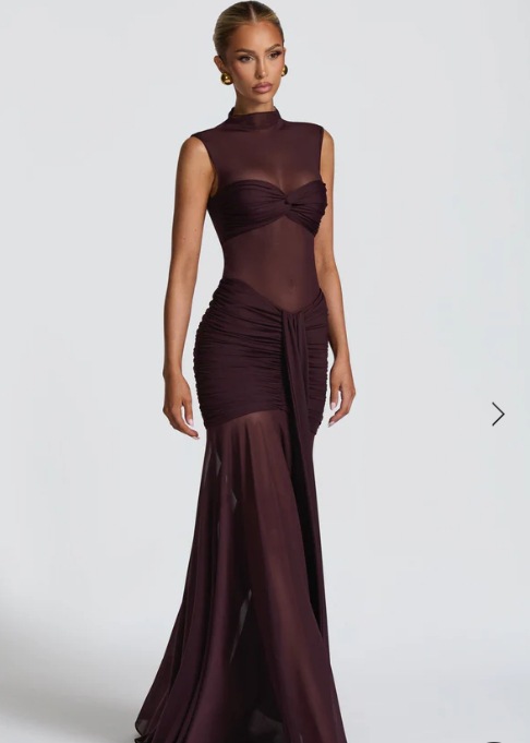 Elegant Bodycon Dress For Women Sexy Sheer Long Dress With Pleated Patchwork Slim Fit High Neck American Style_ecoleips.com