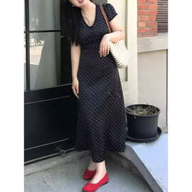 大码女装韩系蕾丝边v领波点连衣裙夏季新款胖mm收腰显瘦气质裙子