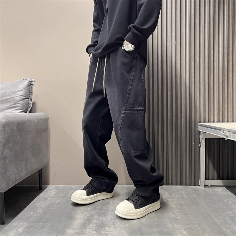 Men's Smoky Gray Washed Retro Straight Leg Jeans Style High Street Loose Fit Trendy Slimming Casual Slightly Flared Trousers_mkmklike.com