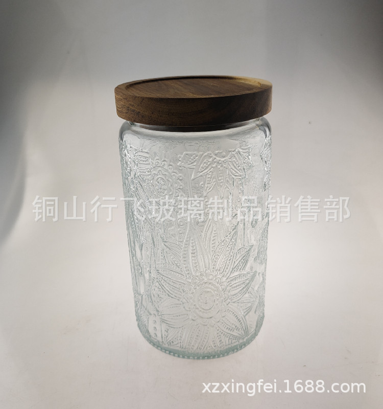 1000ml vintage Begonia en relieve botella de vidrio multi-grano tapa de bambú tarro de té tarro de almacenamiento de vidrio transparente tarro de caramelo