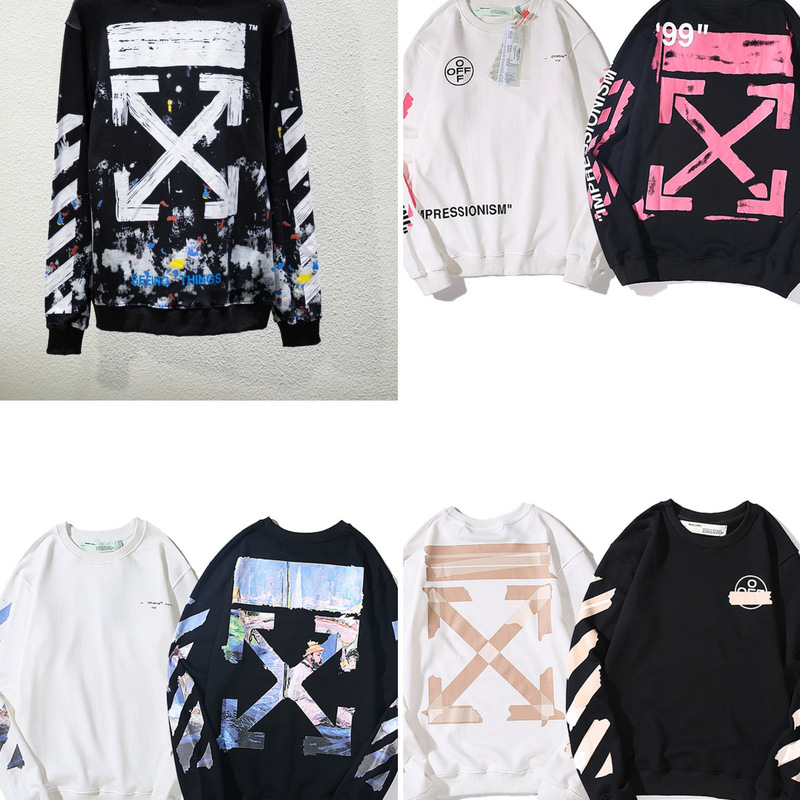 Cross-Border Exclusive Off-White Pure Cotton Terry Men's and Women's Printed Crew Neck Pullover Sweatshirt Ow Spring and Autumn