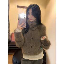 慵懒风驼色仿马海毛高领针织开衫女秋冬软糯奶fufu毛衣外套宽松上