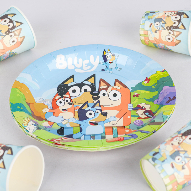 漫画アニメーション Blueyr ブルーイテーマパーティーセット誕生日使い捨て紙コップ紙皿ティッシュフラッグセット|undefined