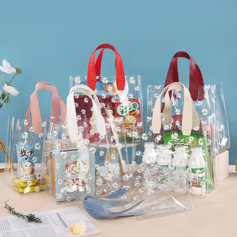 ins风PVC 小雏菊手提袋 透明手提袋 出口精美伴手礼手提袋  大号