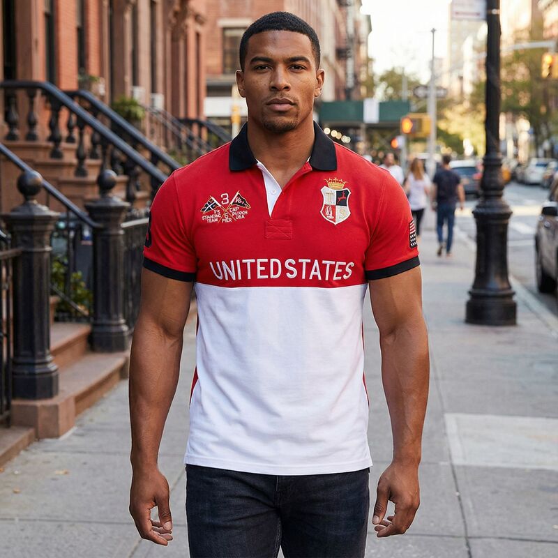 Men's Short-Sleeved Polo Shirt for Export, American Style, Casual and Loose, Made of Cotton with Embroidery, Large Size, Color-Blocking, Slit Design, Breathable