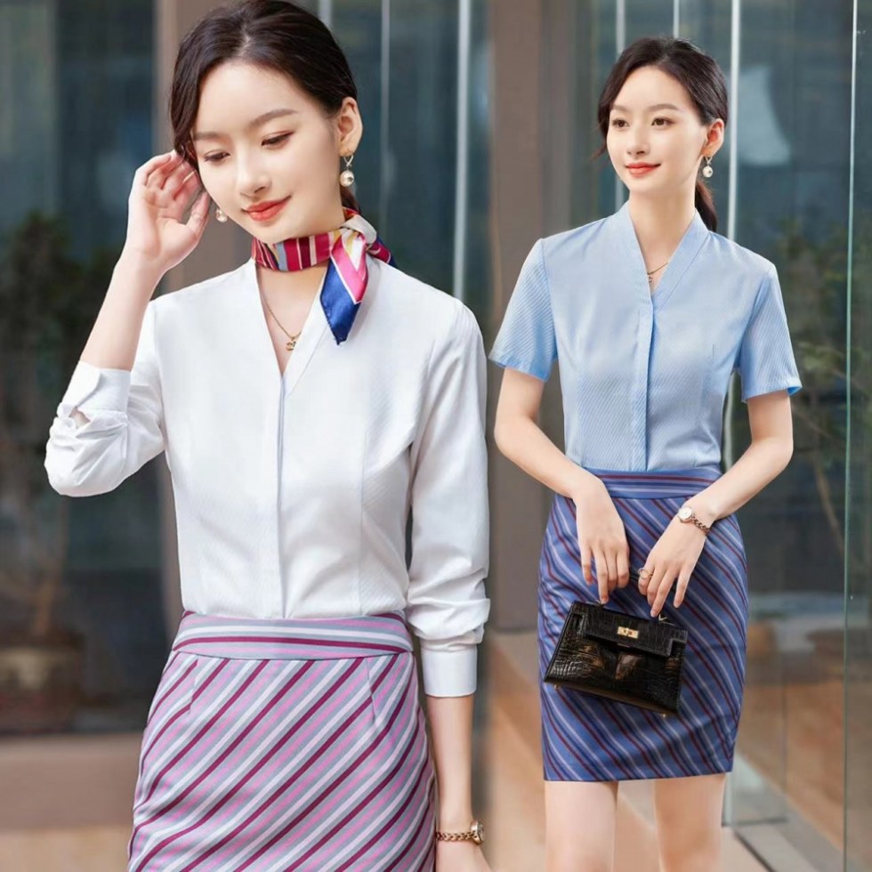 Professional Workwear Women's White Shirt V-Neck Cotton Top China Southern Airlines Stewardess Interview Formal Work Uniform Shirt