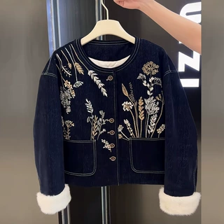 2024秋冬新款洋气国风中式羽绒服刺绣花拼接毛袖百搭保暖牛仔外套