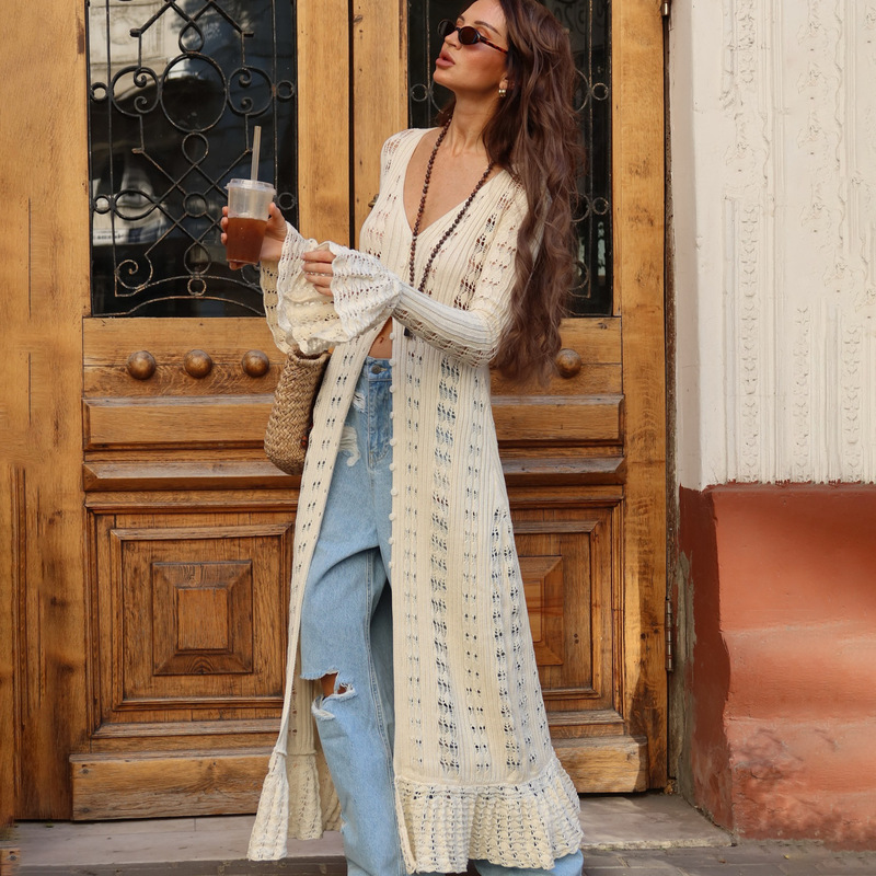 European and American Style Spicy Girl Personality Fashion Ultra-Long Design Knitted Cardigan Women's Hollow-Out Crochet Solid Color High-End Long Style European and American Style Spicy Girl Personality Fashion Ultra-Long Design Knitted Cardigan Women's Hollow-Out Crochet Solid Color High-End Long Style