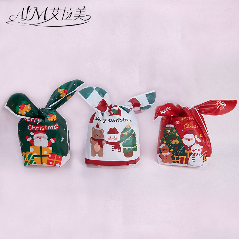 跨境新款圣诞节卡通包装袋塑料绑口袋兔耳朵束口袋平安夜苹果袋子