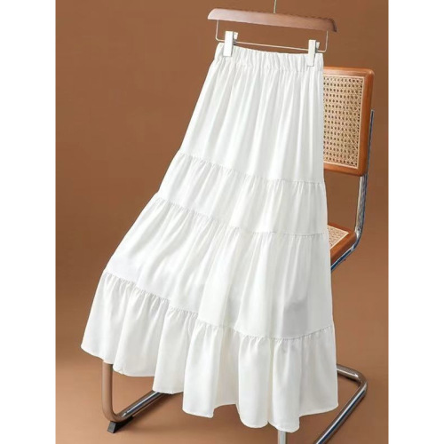 White chiffon midi skirt for women, spring and summer 2025 new design, flowing tiered cake skirt, high-waisted large swing A-line long skirt
