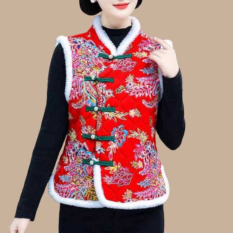 New stylish and warm cotton-padded vest with fleece lining, ethnic-style performance New Year greeting outfit, Northeastern floral vest for Yangge dance New stylish and warm cotton-padded vest with fleece lining, ethnic-style performance New Year greeting outfit, Northeastern floral vest for Yangge dance