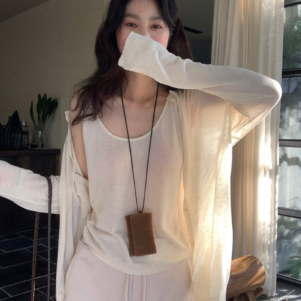 Bộ cardigan len phối áo hai dây nữ phong cách lười biếng mùa hè — yến mạch