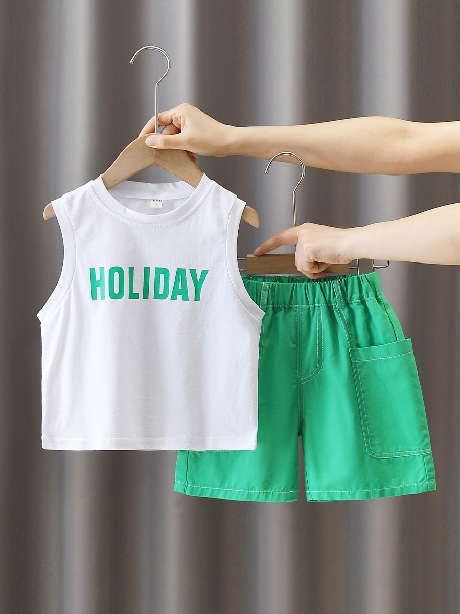 5684 traje de camisa de estilo de vacaciones para niños 2025 verano nuevo traje de tres piezas de ropa de playa de Sanya junto al mar para niños