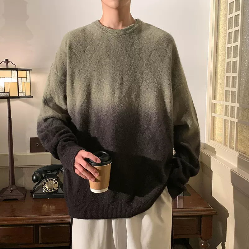 美式渐变毛衣男士秋冬季潮流宽松厚款慵懒风休闲圆领针织衫上衣服