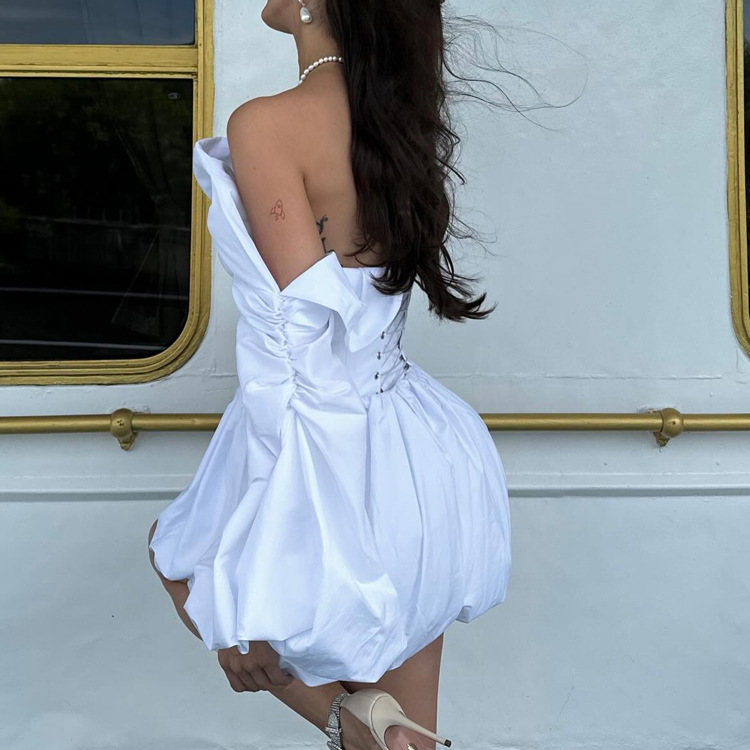 Sexy Draped Women Lantern Sleeve Tube Top Cinched Waist Lace up Top Pettiskirt Two Piece Sets