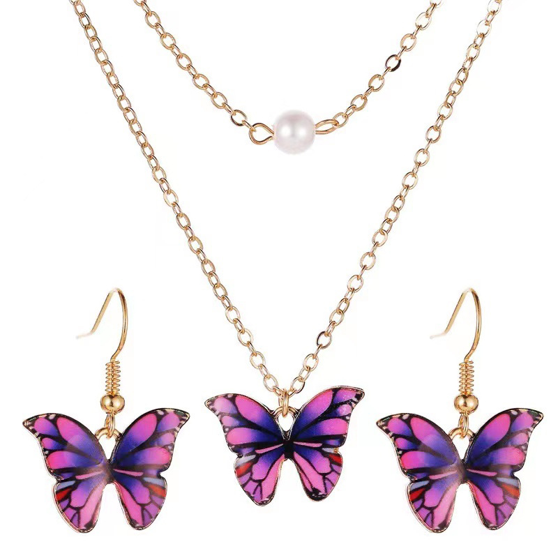 Transfronterizo nuevo traje mariposa collar color doble capa perla mariposa colgante temperamento femenino elegante traje de mariposa