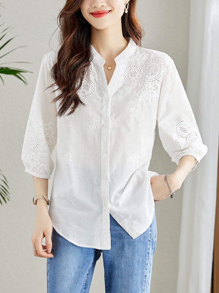 V-Neck White Shirt for Women, Three-Quarter Sleeves, 2026 Spring New Style, Pure Cotton Embroidered Hollow-Out Top, Elegant and Mature Shirt