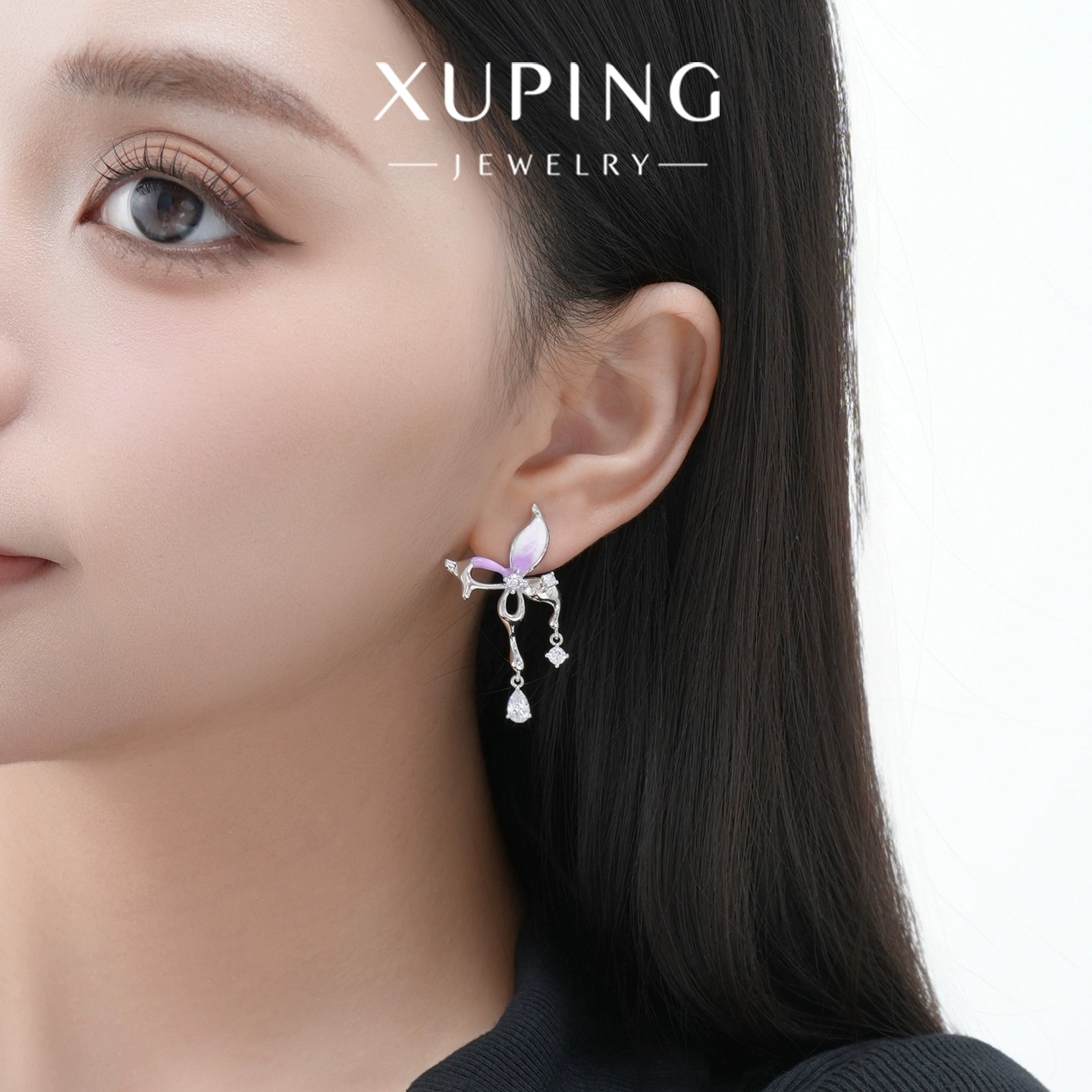 Xuping goteo de aceite serie de aretes de mariposa púrpura suave ventana boquilla nicho temperamento dulce pernos de orejas para mujeres image 5