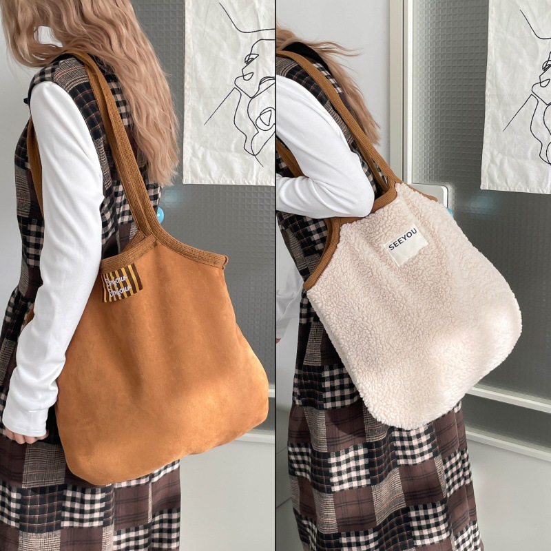 Invierno de cordero de cachemira doble cara bolso de tela de mujer estilo coreano de gran capacidad bolsa de lona casual bolsa de peluche de viaje universal