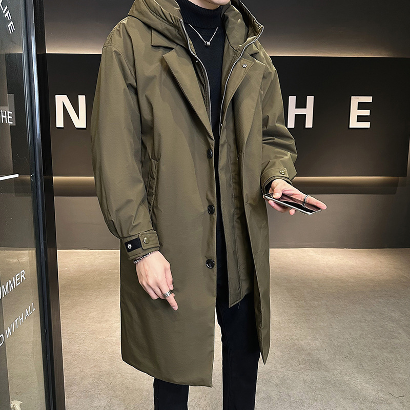 潮牌中长款羽绒服假两件冬季加厚风衣外套个性男2024新款时尚黑色