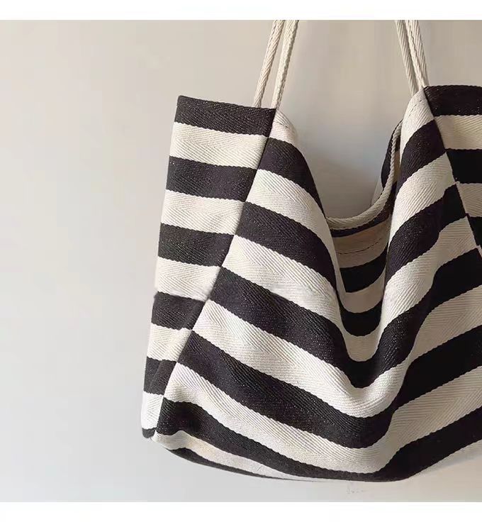 Contrast Stripe Canvas Tote Bag, Large Capacity Shoulder Bag_voghion.com