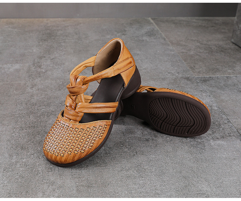 Sandal nữ da bò thật phong cách La Mã cổ điển, đế mềm, quai đan hở thoáng khí — màu nâu chi tiết 14
