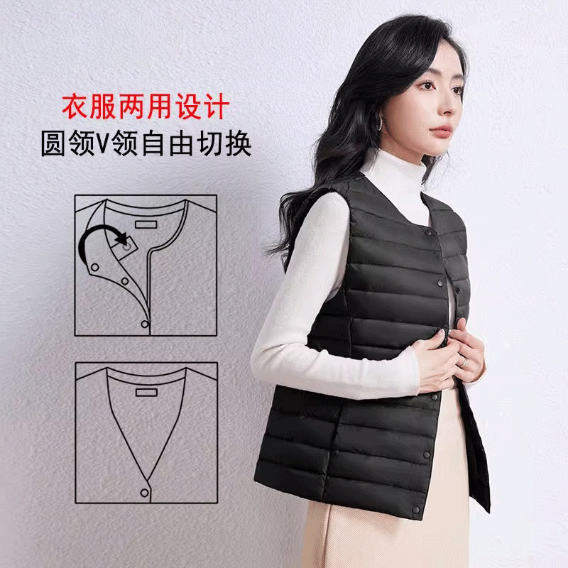 Otoño plumado ligero damas no cuello V chaleco blanco chaleco interior de caballo clip de hombro con chaqueta de base