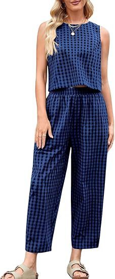 2025 アマゾン女性のコットンリネンチェック柄スーツ 2 ピースビーチホリデーセット夏のベストパンツセット|undefined