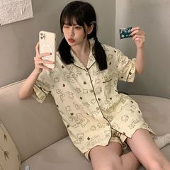 2025年夏季睡衣女新款棉卡通短袖短裤开衫可外穿家居服套装可爱风
