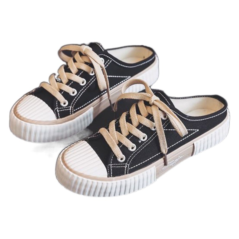 Biscuit half slippers 2024 Verano nuevos zapatos de lona zapatos perezosos bajos de mujer medio soporte zapatillas antideslizantes zapatos casuales de mujer