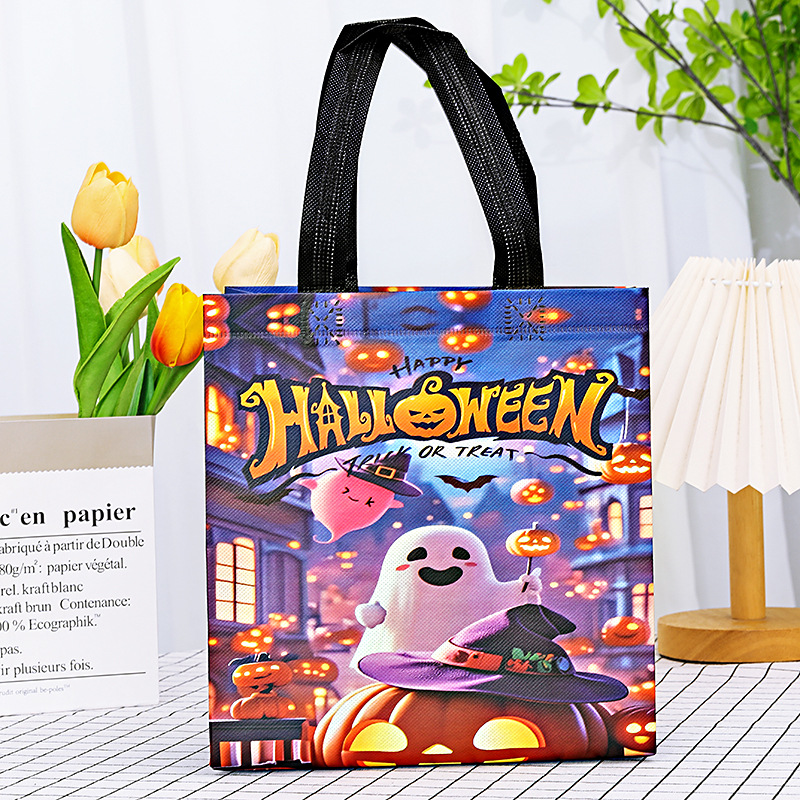 Pumpkin Graphic Laminated Nonwoven Black Handle Tote Bag 18