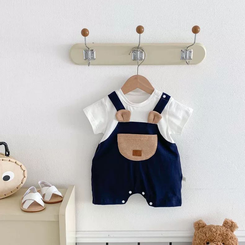 ベビー男の子ジャンプスーツ、クマフェイクツーピース半袖夏ロンパース、ベビーお出かけ服、ポケット、おしゃれなお尻カバー|undefined